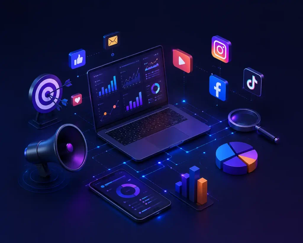 Futuristic 3D digital marketing illustration showcasing idea of best freelance digital marketing analyst in ernakulam featuring a laptop with analytics dashboards, marketing charts, social media icons, and data visualization elements connected through a glowing network on a dark neon background.