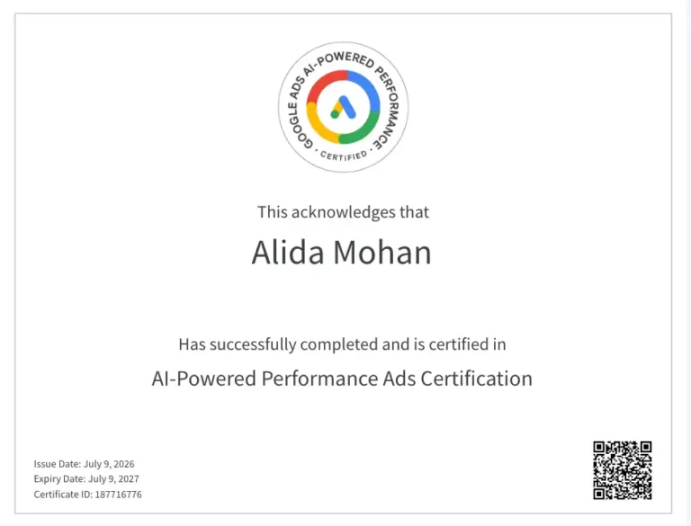 Ai powered google ads certificate of alida mohan