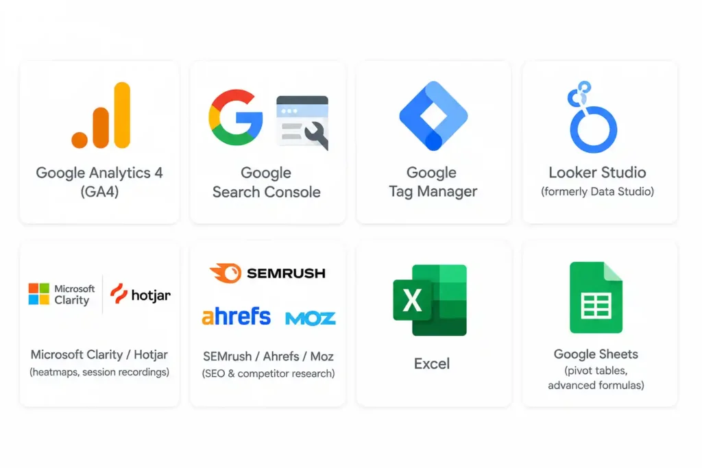 Analytics and data tools used by alida the best freelance digital marketing analyst in Ernakulam, including Google Analytics and SEMrush