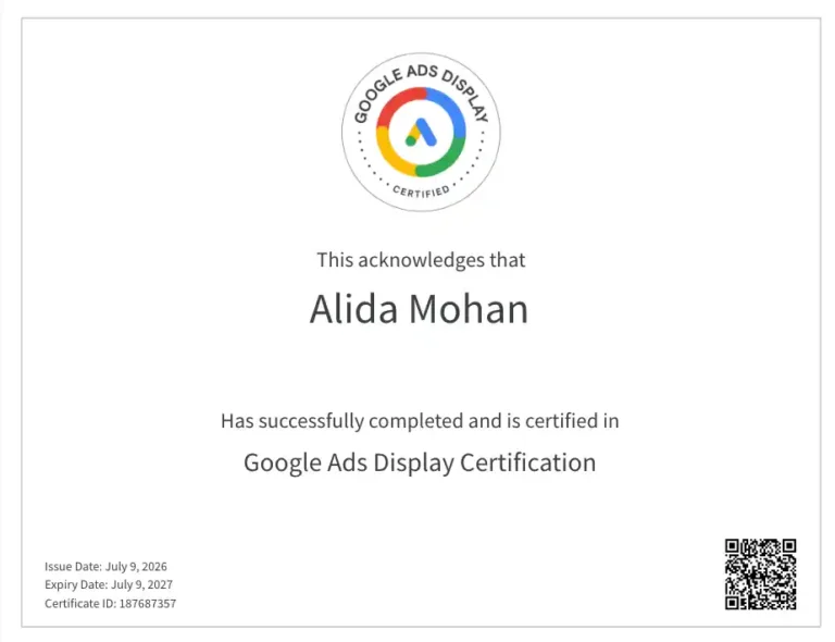 Google ads display certificate of alida mohan