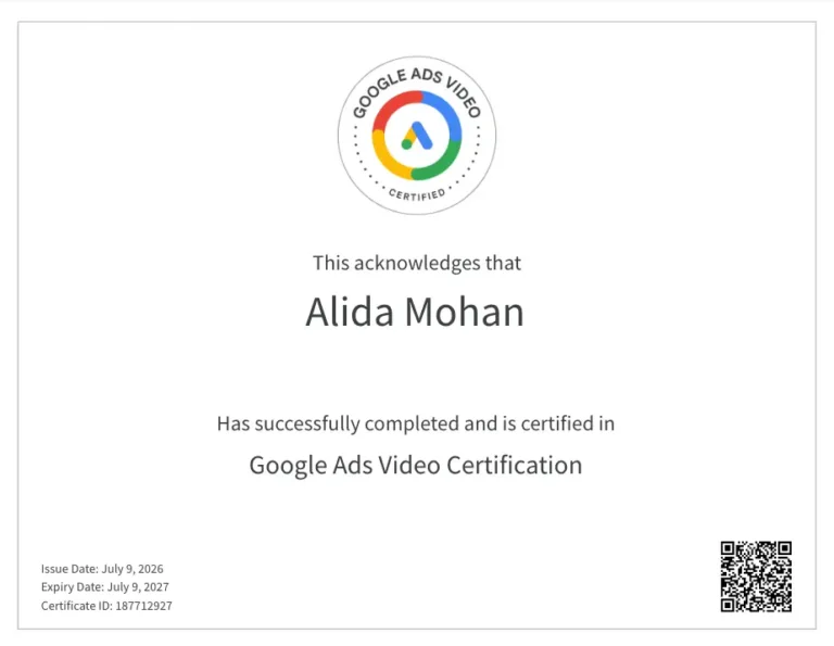 Google ads video certification of alida mohan