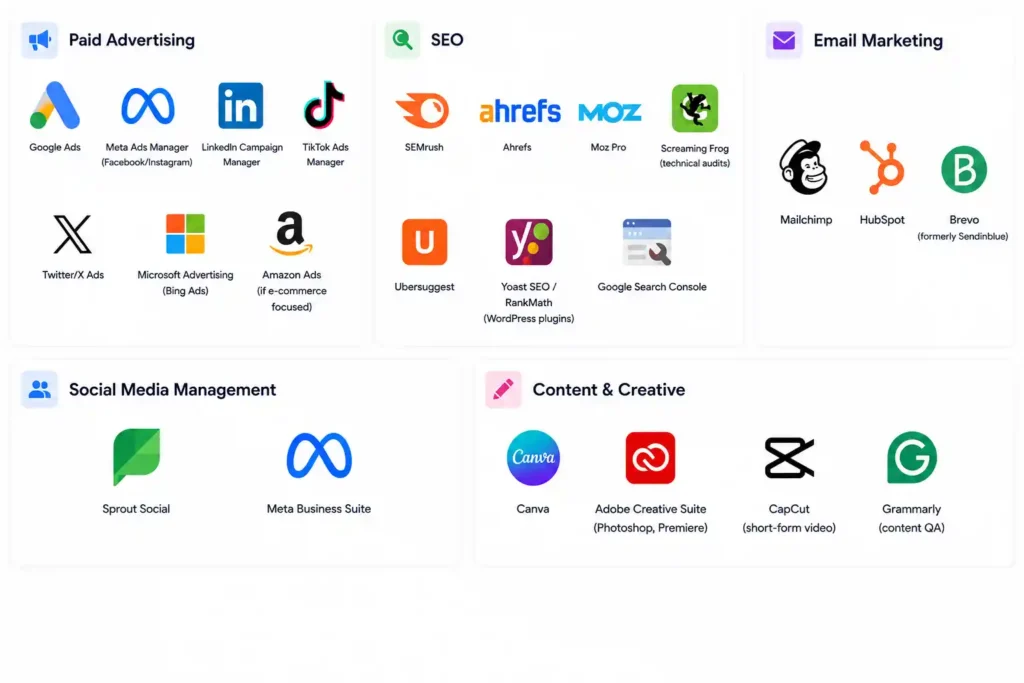 Digital marketing tools used by a alida freelance digital marketing analyst in Ernakulam, including,seo, Google Ads and Meta Ads Manager